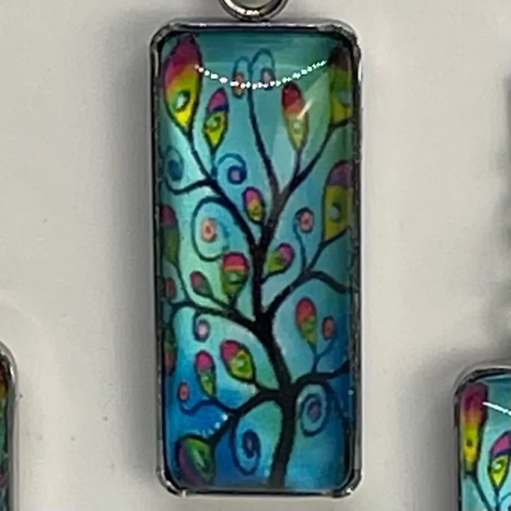 Handcrafted Teal Red Tree Rectangle Pendant Necklace & Earrings Set NWT OS